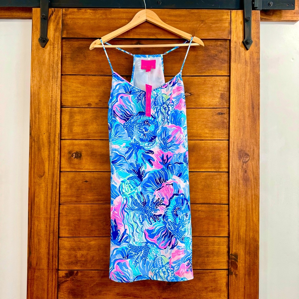 Lilly Pulitzer NWT Dusk silk dress Saltwater blue shade seekers sz L